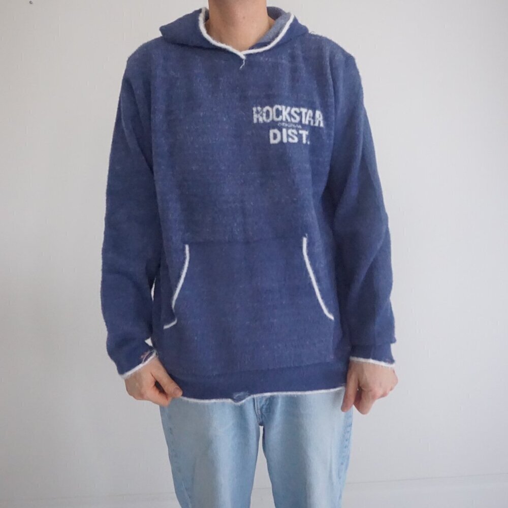 Rockstar Original Blue White Spell Out Hoodie Streetwear Pullover Sweatshirt XL